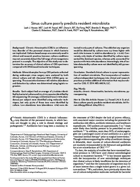 Sinus Culture Poorly predicts Resident Microbiota