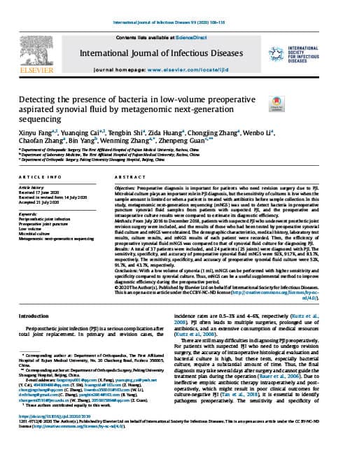 Detecting the presence of bacteria in low-volume preoperative aspirated synovial fluid by metagenomic next-generation sequencing