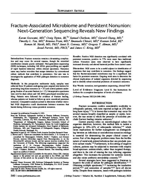 Fracture-Associated Microbiome and Persistent Nonunion - Next-Generation Sequencing Reveals New Findings