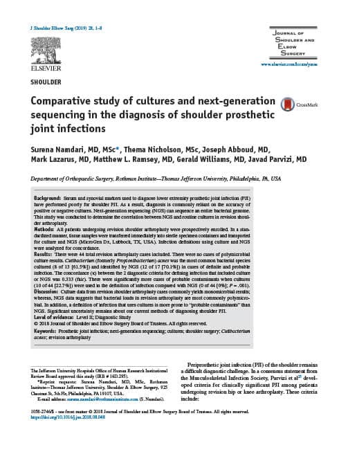 Namdari S, Nicholson T, Abboud J, et al. Comparative Study of Cultures and Next-generation Sequencing in the Diagnosis of Shoulder Prosthetic Joint Infections.