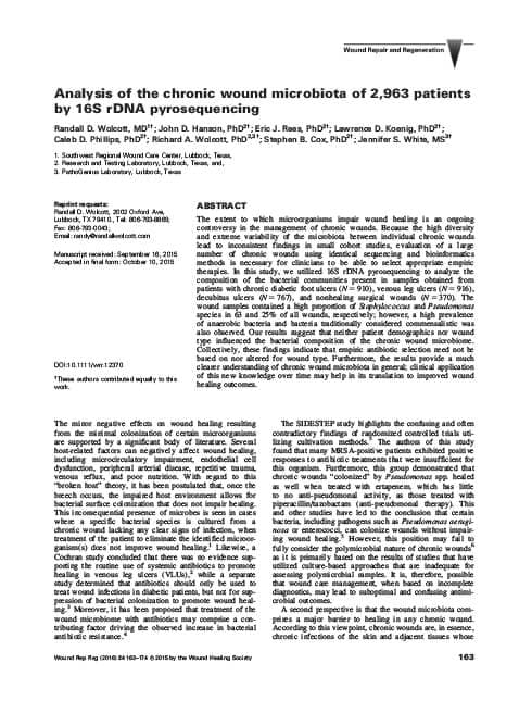 Analysis of the chronic wound microbiota of 2,963 patients by 16S rDNA pyrosequencing.